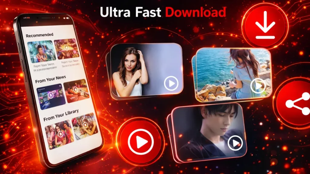 Ultra fast video download app interface with smartphone screen, play buttons, and high speed file downloading feature in red and black modern design.