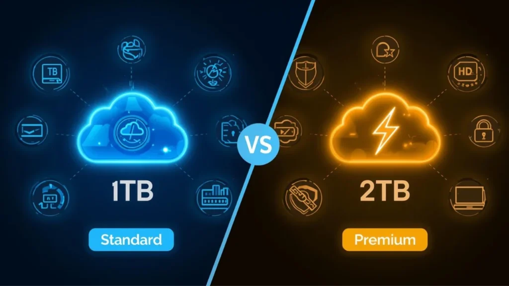 Infographic comparing TeraBox Standard vs Premium features showing 1TB vs 2TB cloud storage, download speed, and ad-free benefits