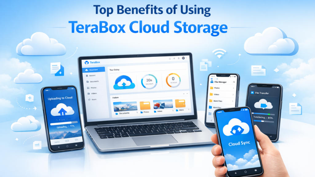 Modern cloud storage technology illustration showing laptop and smartphones with cloud storage dashboard, file upload progress, cloud sync app and data transfer interface representing the benefits of TeraBox cloud storage.