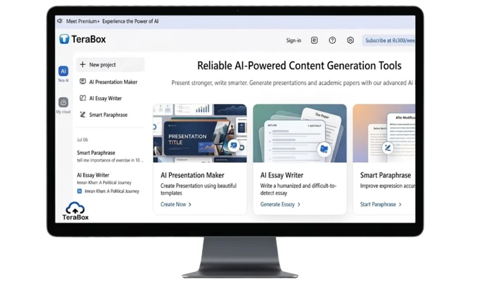 A high-definition professional UI display of TeraBox AI tools on a modern monitor, featuring an AI Presentation Maker, AI Essay Writer, and Smart Paraphrase tool with a transparent background.