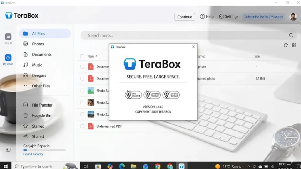 TeraBox desktop app showing welcome popup offering 1024GB free cloud storage with Experience Now button highlighted by red arrow on Windows PC

