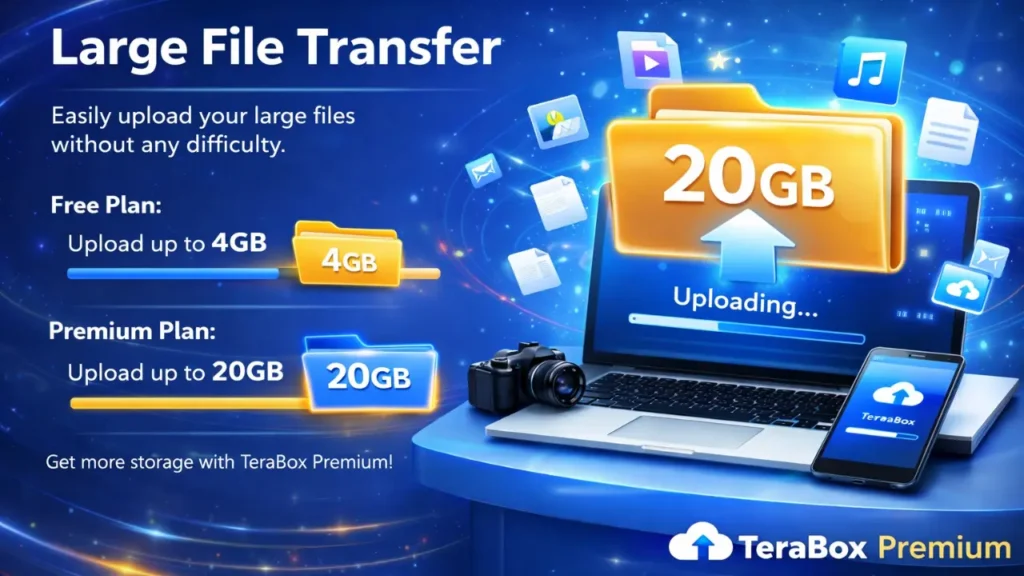Large file transfer feature showing 20GB premium upload limit with laptop, smartphone, and cloud storage interface in blue gradient background.