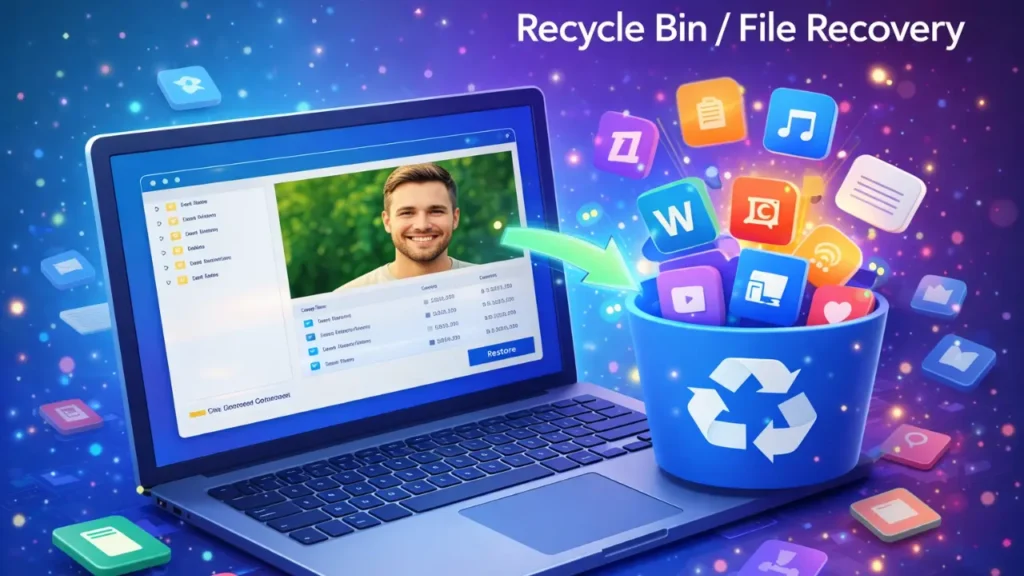 Modern laptop displaying file recovery software interface with recycle bin and floating file icons, representing data recovery, deleted file restore, and backup solutions.