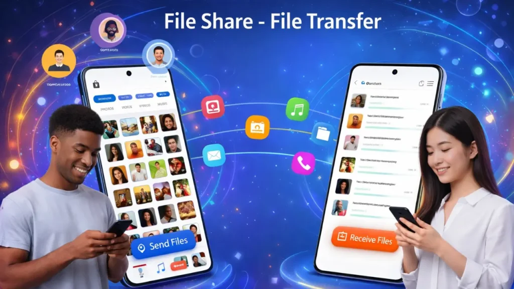 Modern file sharing app showing two users sending and receiving files via smartphone with secure cloud transfer interface.