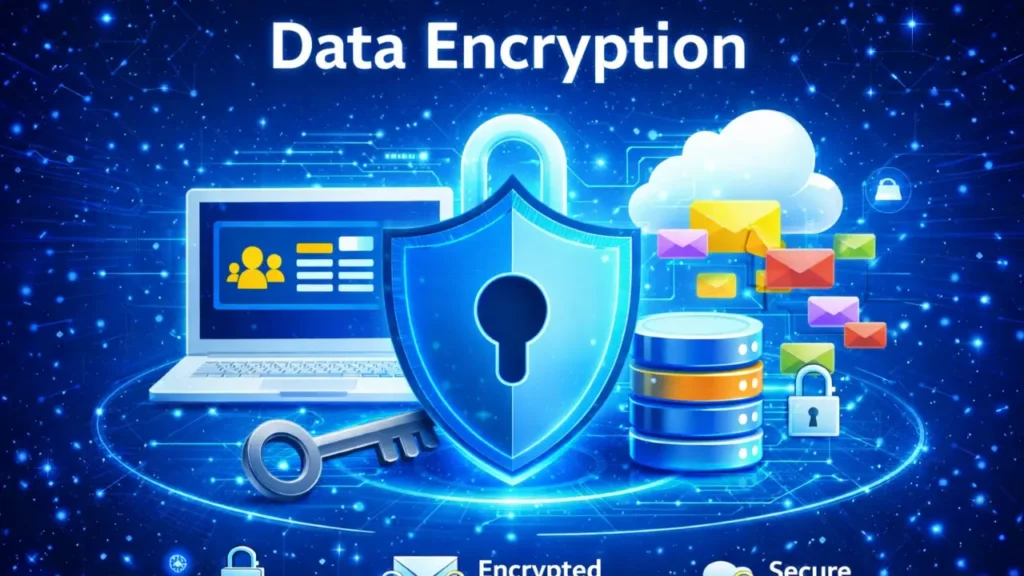 Secure data encryption system with digital lock icon, protected cloud files, and safe online file sharing technology.