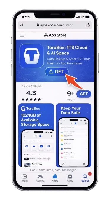 TeraBox App Store page displaying 1TB free cloud storage, cross-platform support for iPhone, iPad, Mac, and Messages
