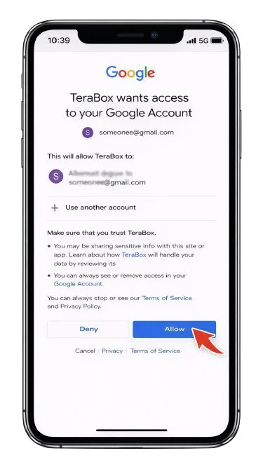 Google Account permission request screen for TeraBox access showing data security and account authorization options