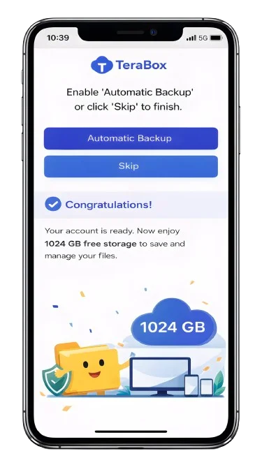 TeraBox account setup screen with automatic backup option and 1024 GB free storage confirmation message