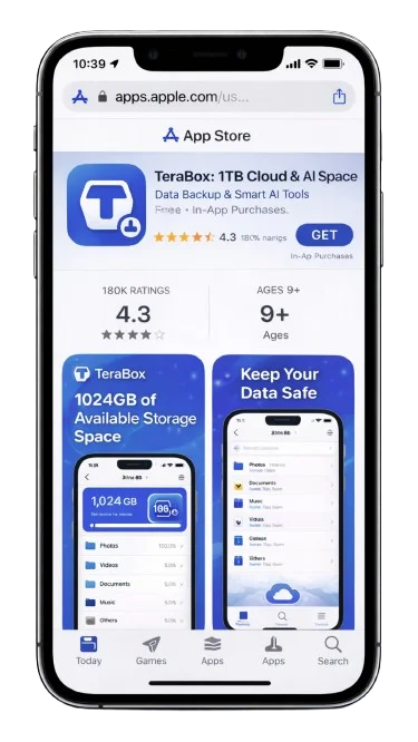 TeraBox App Store listing highlighting 1TB free cloud storage, AI tools, 4.3 star rating, and data backup features
