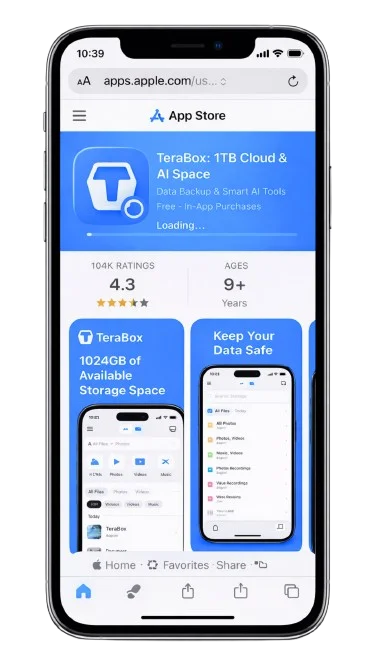 TeraBox App Store loading interface showing 1024 GB storage, 4.3 star rating, and data safety options