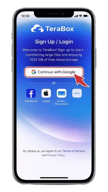 TeraBox sign up and login screen displaying 1024 GB free cloud storage offer with Google, Facebook, Apple, and email sign-in options