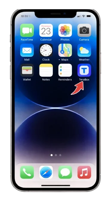 iPhone home screen featuring TeraBox app icon among other stock iOS apps like Photos, Mail, and Calendar
