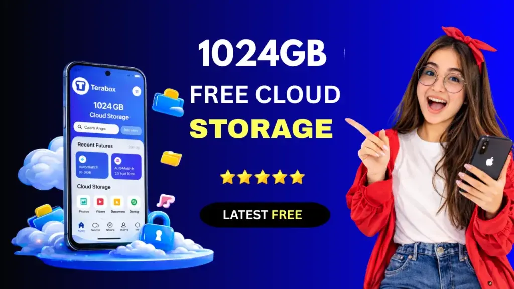 TeraBox cloud storage promotional banner showing 1024 GB free storage with photos, videos and documents backup options